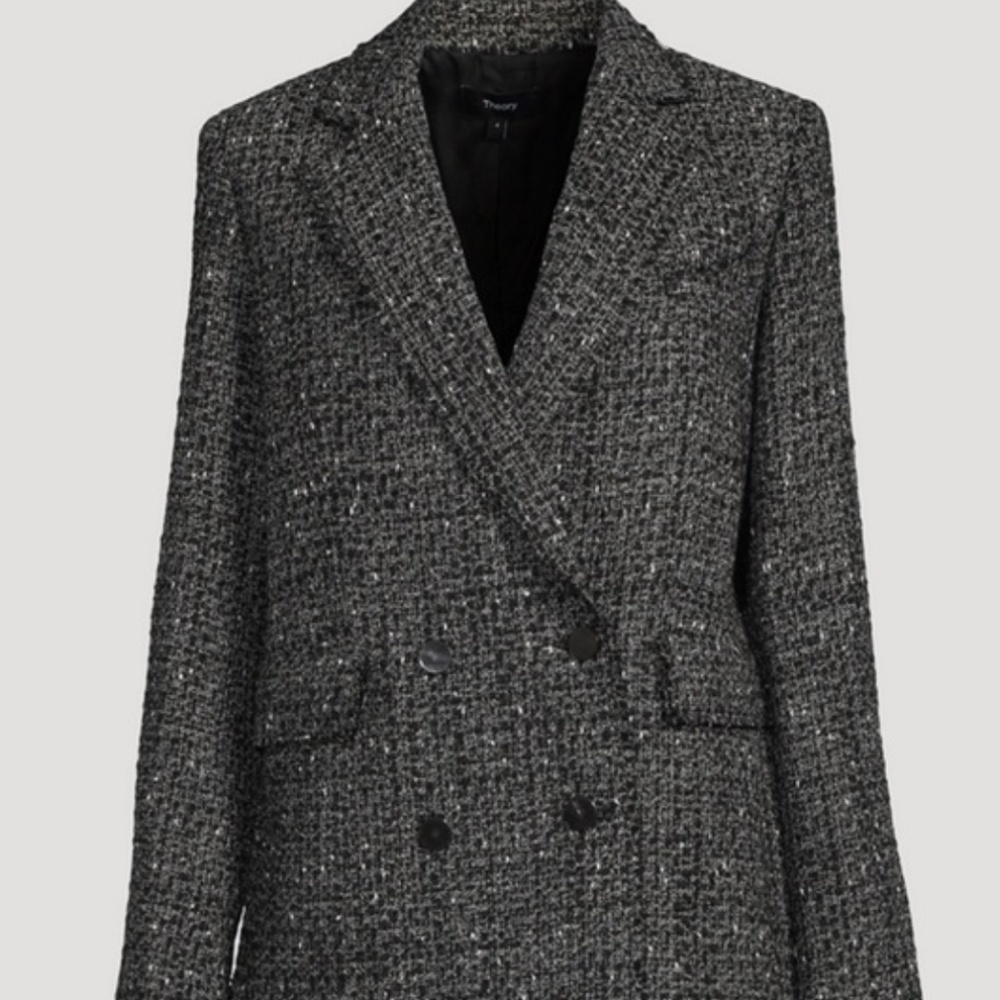 Theory Charcoal Gray Tweed Double-Breasted Blazer